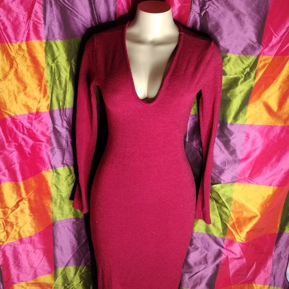 Long burgundy dress long sleeves above ankles low cut front JNK